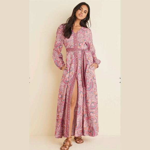 Venus Linen Maxi Dress 6 | Boho Pink Paisley Balloon, Farm Rio Vibe, Cottagecore - Picture 1 of 5